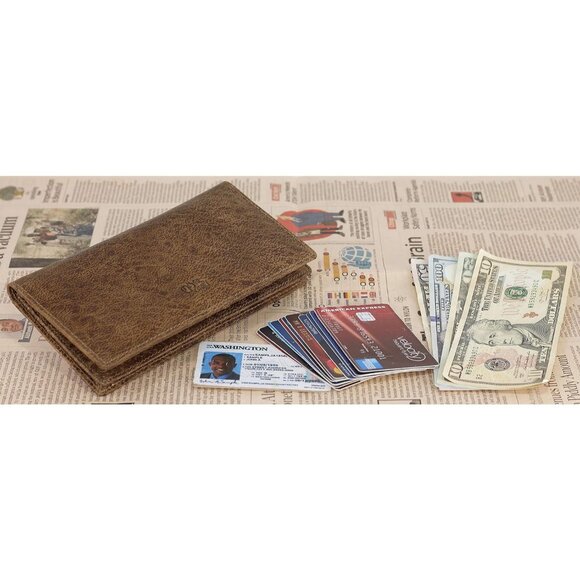 RFID Blocking Mens Genuine leather Bifold Long Wallet KHAKI - Picture 4 of 5
